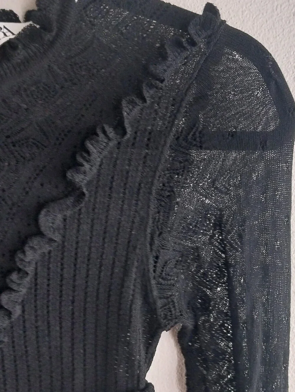 Zara Black Sheer Lace Pointelle Knit Ruffle Trim Long Bell Sleeve Top NWOT